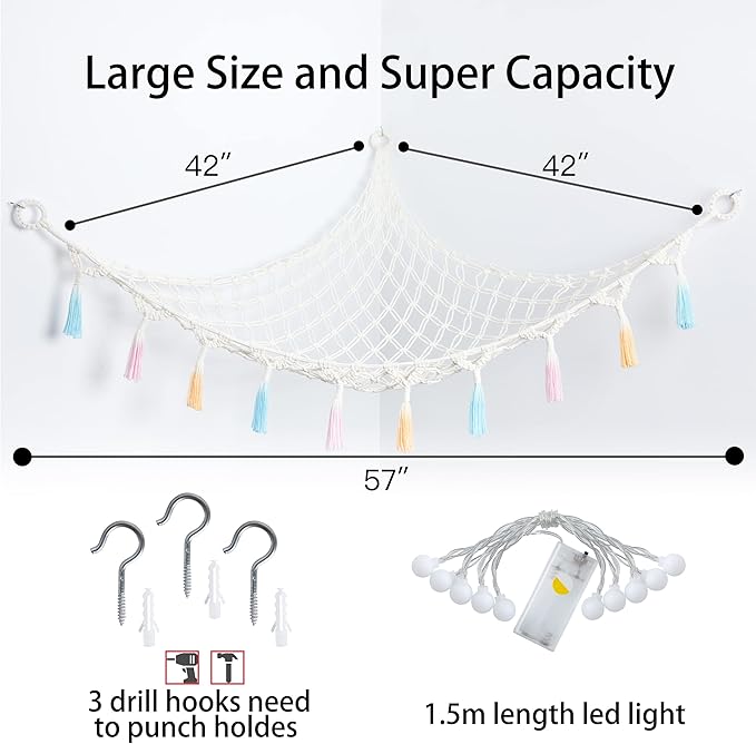 Stuffed Animal Net or Hammock with Light,Yewiwin Macrame Hanging Net Hammock for Stuffed Animal Toy Storage Organizer Boho Decor Room Holder for Nursery Play Room Bedroom (Beige)