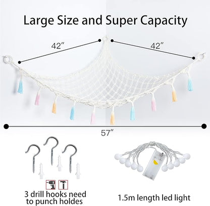 Stuffed Animal Net or Hammock with Light,Yewiwin Macrame Hanging Net Hammock for Stuffed Animal Toy Storage Organizer Boho Decor Room Holder for Nursery Play Room Bedroom (Beige)