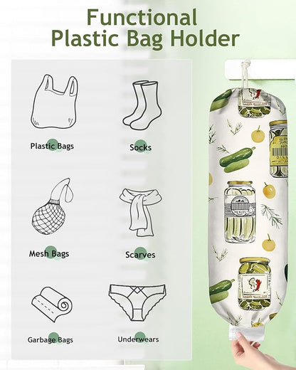 Plastic Bag Holder Organizer - 1 Pack Reusable Canvas Grocery Bags Holder Hanging Wall Cute Aesthetic Shopping Bag Storage Dispenser with Drawstring Closure for Kitchen Home, Canned