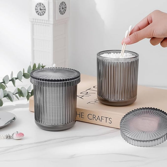 rejomiik Glass Qtip Holder Dispenser 2 Pack, Bathroom Canister Apothecary Jars with Lids, Vanity Makeup Accessories Storage Organizer for Cotton Swabs, Cotton Balls, Pads, Floss Picks, Gray