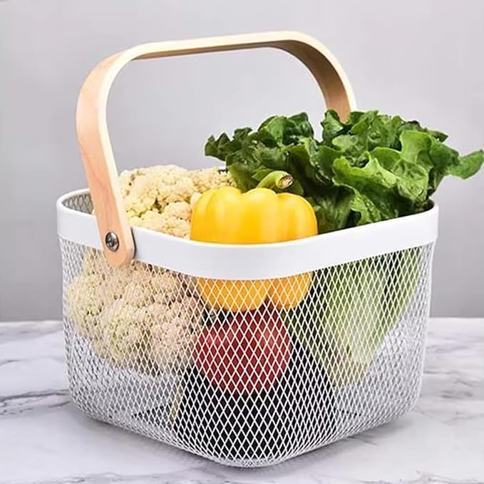 Metal Mesh Wire Basket, Small Steel Basket with Wooden Handle Storage Organizer Basket Multi-functional Hanging Kitchen Baskets Fruit Baskets for Kitchen Bathroom Cabinet Pantry Snacks, White