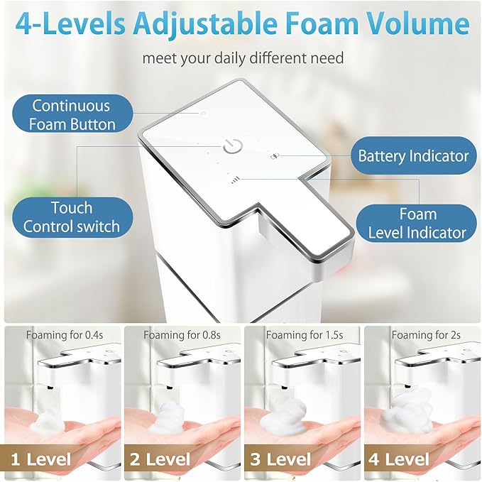 JEMISUN Automatic Foaming Soap Dispenser Touchless 380ml/12.8oz Rechargeable Hand Soap Dispenser Wall Mounted 4 Levels Adjustable Foam Soap Pump for Bathroom Kitchen Dish Soap