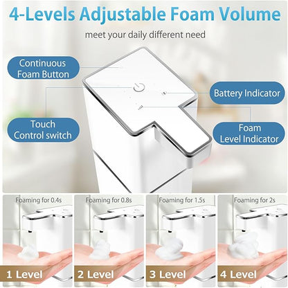 JEMISUN Automatic Foaming Soap Dispenser Touchless 380ml/12.8oz Rechargeable Hand Soap Dispenser Wall Mounted 4 Levels Adjustable Foam Soap Pump for Bathroom Kitchen Dish Soap