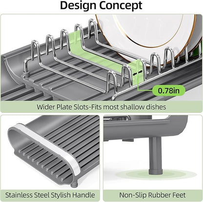 TOOLF Small Dish Drying Rack, Mini Expandable Compact Dish Rack, Slim Extendable Stainless Steel Dish Drainer for Kitchen Plate Storage, Space Saving Dish Strainer in Sink or on Home Countertop, Gray