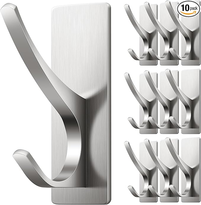 Josmimic 10 Pack Self Adhesive Towel Hooks: Extra Strong 13LB, Stainless Hook for Hanging Loofah, Towels, Coat, Bath Robe Bathroom Shower, Brushed Nickel