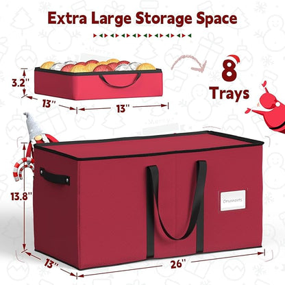 Sunvigor Christmas Ornament Storage Box with 8 Trays, Fits 128 Holiday Ornament Christmas Storage Container with Adjustable Dividers, Dual Zippers, 600D Oxford Christmas Decorations Storage(Rose Red)
