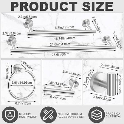 Gisafai 15 Piece Bathroom Hardware Set, 23.6 Inch Brushed Towel Bar Ring Toilet Paper Holder Robe Towel Hook, Sus304 Stainless Steel Bathroom Accessory Set Wall Mounted(Silver)