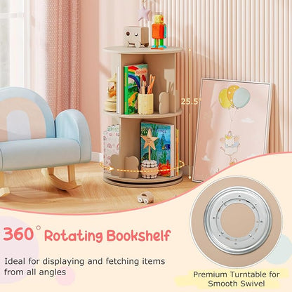 HONEY JOY Kids Rotating Bookshelf, Wooden Spinning Small Corner Organizer w/Baffles, 360°Display Standing Toddler Bookshelf, Narrow Storage Rack, Montessori Book Shelf for Nursery, Playroom (Coffee)