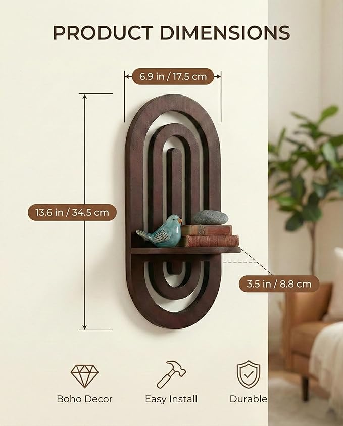 Boho Decor Wall Floating Shelves with Oval Wood Design,Dark Brown Wood Display Rack,Three-Piece Set,Suitable for Both Home and Office