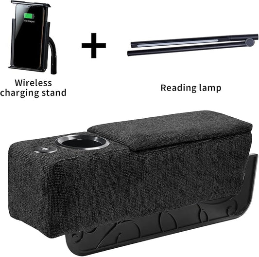 Multifunctional Sofa Armrest, Couch Armrest with Cup Holder, Removable Sofa Caddy with Storage,Equipped with LED Reading Light&Wireless Charge Stand, Black