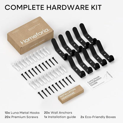 Homeforia Wall Coat Hook Rack - Set of 10 - Black Metal Hooks for Hanging Coats - Hat Hooks - Hat Hangers for Wall