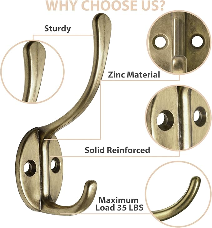 10 Pack Coat Hooks Wall Mounted with 20 Screws, Heavy Duty Antique Brass Towel Hooks Metal Double Hooks, No Rust Retro Rustic Wall Hooks for Hanging Towel, Coat, Scarf, Bag, Hat, Cup, Key