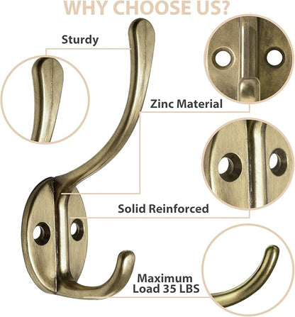 10 Pack Coat Hooks Wall Mounted with 20 Screws, Heavy Duty Antique Brass Towel Hooks Metal Double Hooks, No Rust Retro Rustic Wall Hooks for Hanging Towel, Coat, Scarf, Bag, Hat, Cup, Key