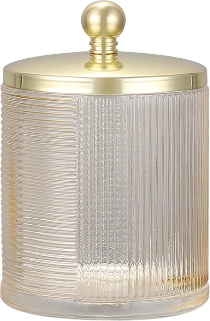 Indecor Home Tan Colored Tranlucent Apothecary Ribbed Geometric Etched Glass Jar W/Gold Metal Lid Cover for Bathroom Organization, Cotton Balls, Q Tips, and Small Accessories, Bathroom Storage