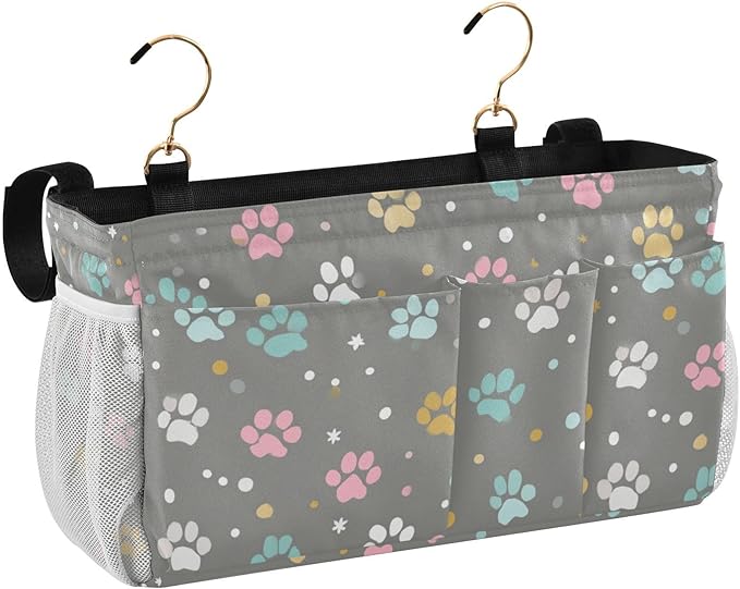 CuwrYet Bedside Caddy Hanging Bunk Bed Caddy Bed Organizer Hanging Pocket with 2 Hooks Bedside Storage Organizer Pocket Bag Holder Paw Print Dots Stars Grey