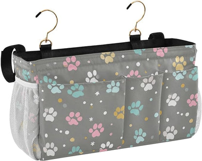 CuwrYet Bedside Caddy Hanging Bunk Bed Caddy Bed Organizer Hanging Pocket with 2 Hooks Bedside Storage Organizer Pocket Bag Holder Paw Print Dots Stars Grey