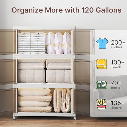 Extra Large Stackable Storage Bins, Lockable Storage Bins with Lids, Folding Storage box with Doors and Wheels, Collapsible Plastic Drawers for Home, Garage, Office (6, White, Extra Large)