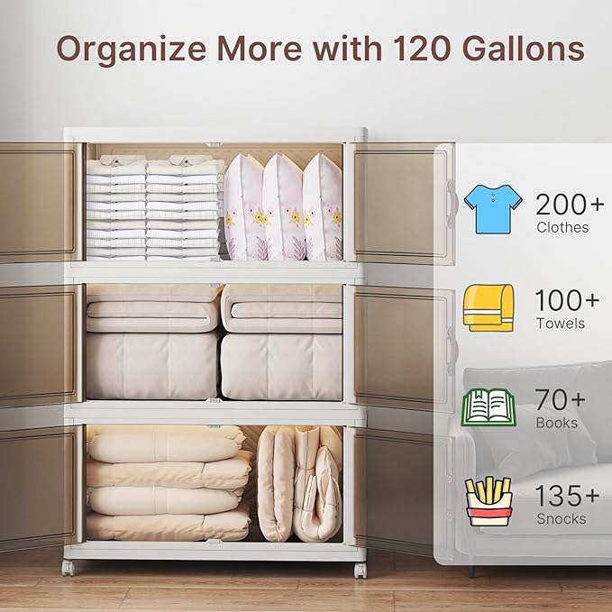 Extra Large Stackable Storage Bins, Lockable Storage Bins with Lids, Folding Storage box with Doors and Wheels, Collapsible Plastic Drawers for Home, Garage, Office (3, White, Extra Large)