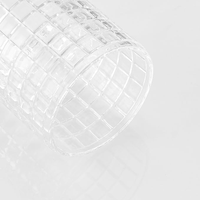 Indecor Home Clear Tranparent Apothecary Etched Geometric Grid Glass Jar W/Gold Metal Lid Cover for Bathroom Organization, Cotton Balls, Q Tips, and Small Accessories, Bathroom Storage