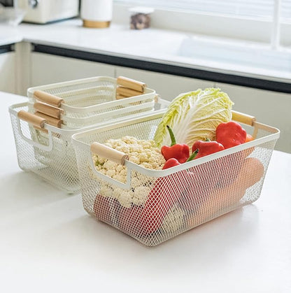 Metal Mesh Steel Basket, Medium Wire Storage Organizer Basket Multi-function Hanging Kitchen Basket with Wood Handle for Kitchen Bathroom Picnic Home, Rectangle-Off White