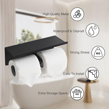 Black Toilet Paper Roll Holder with Shelf Wall Mounted for Bathroom (Black, Double Head)