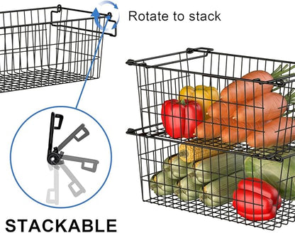 SANNO Freezer Basket Stackable Wire Baskets For Pantry Storage and Organization Pantry Storage Bins With Handles Sturdy Metal Food Baskets Pantry Organized,set of 8,Black