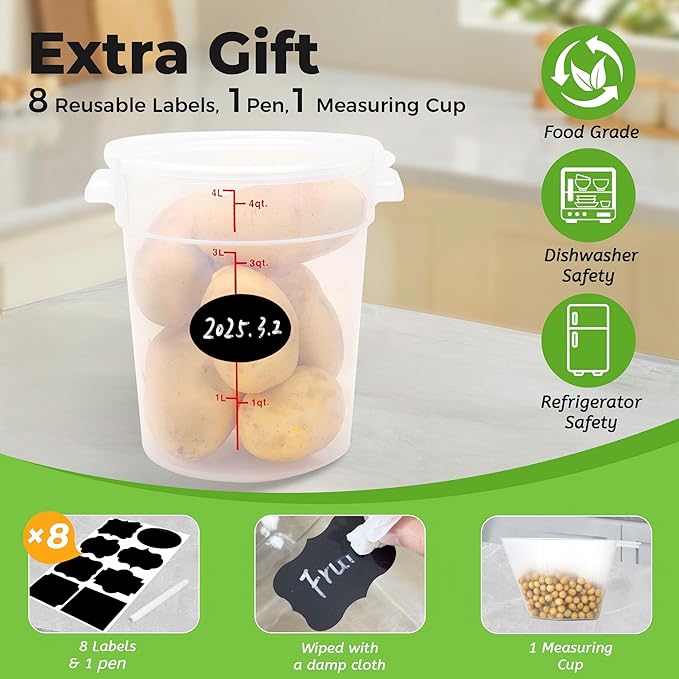 BIEAMA 4 Pack Round Food Storage Containers with Lids, 4Qt Translucent Commercial Food Container, Polypropylene, BPA Free, Includes Labels & Measuring Cups