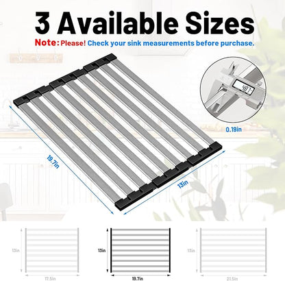 TIKNIK Dish Drying Rack, 19.7" X 13" Over Sink Drying Rack, Kitchen Roll Up 304 Stainless Steel Drain Rack, Roll Up for Kitchen and RV Sinks, Black
