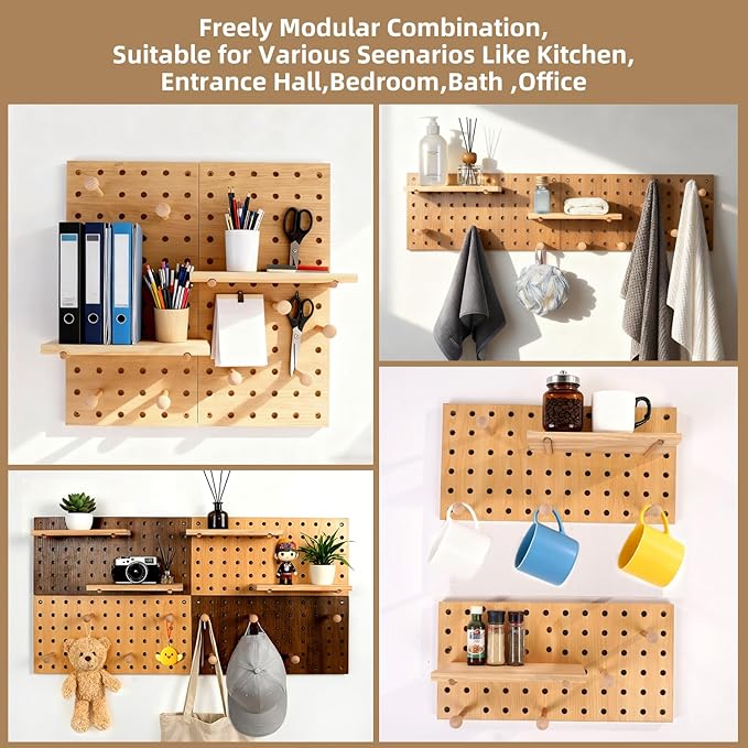 Pegboard Organization Set 2-Pack Beige Wooden Pegboards with Shelves & Hooks | Creative Display & Storage Solution for Home, Office, Bathroom