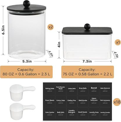 Glass Laundry Pods Container & Acrylic Dryer Sheet Holder with Balck Bamboo Knobs Lids, Scoops & Labels | Premium Laundry Room Organization and Storage for Detergent Pods, Powder, Dryer Balls & Beads