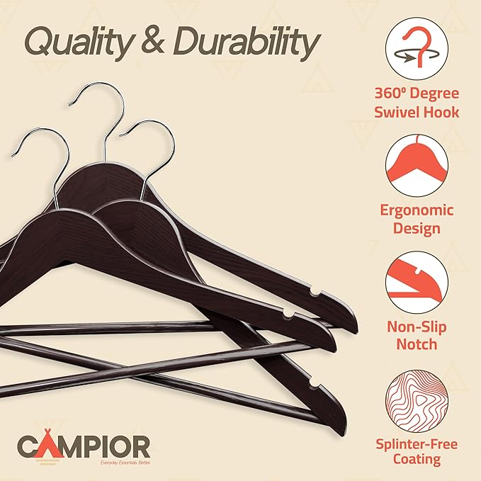 Cherry Wooden Hangers 10 Pack – Heavy-Duty with 360° Swivel Hook, Non-Slip, Pants Bar & Shoulder Grooves - Wooden Hangers for Suits, Jackets, Dresses & Camisoles, Space-Saving and Smooth Finish