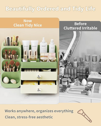 Anylady Makeup Organizer with Drawers, Skincare Organizer (Large Size Thick), Storage Box Cosmetic Display Cases, Make up Organizers for Vanity, Dresser, Desk, Kitchen, Countertop (green)