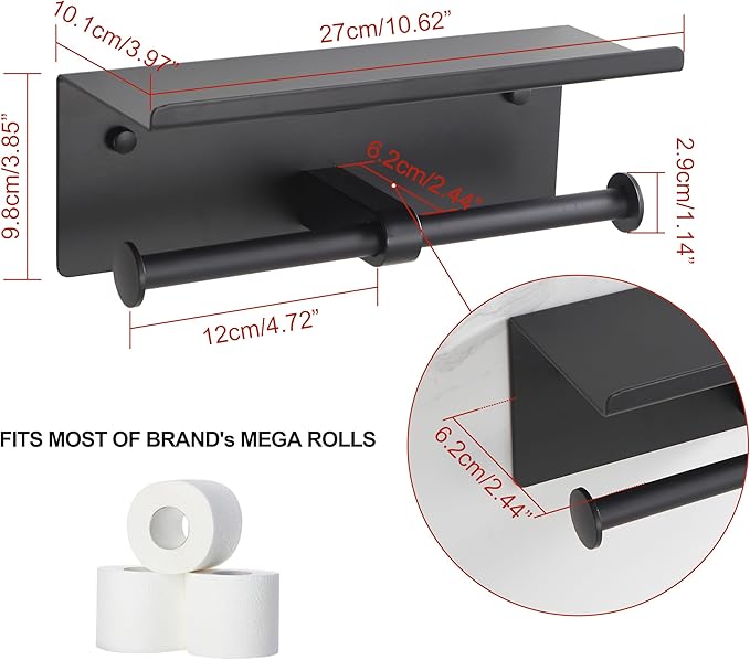 Black Toilet Paper Roll Holder with Shelf Wall Mounted for Bathroom (Black, Double Head)
