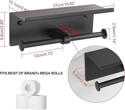Black Toilet Paper Roll Holder with Shelf Wall Mounted for Bathroom (Black, Double Head)