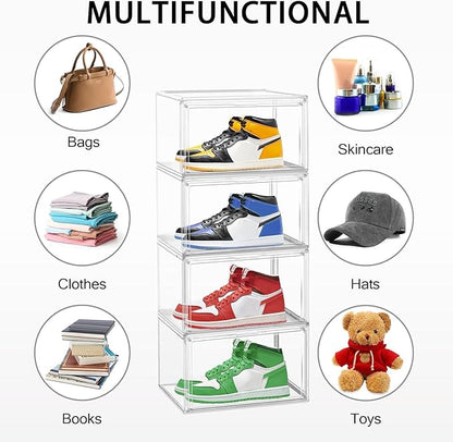 DAYOOH 5 Pack Acrylic Shoe Box Size 14, Clear Plastic Stackable Sneaker Shoe Display Case Transparent Storage Bins Handbag Organizer Containers with Magnetic Lids, Figures Collectibles Showcase
