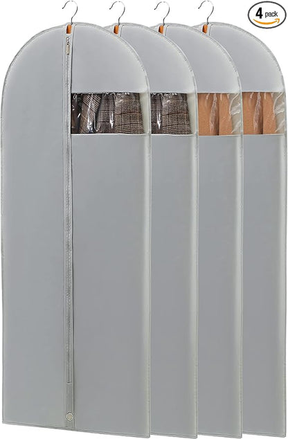 4 Pack - 65" Dress Garment Bags for Hanging Clothes, Dress Bags for Gowns Long, Foldable Long Garment Bag with Clear Window for Closet Storage and Travel - Gray