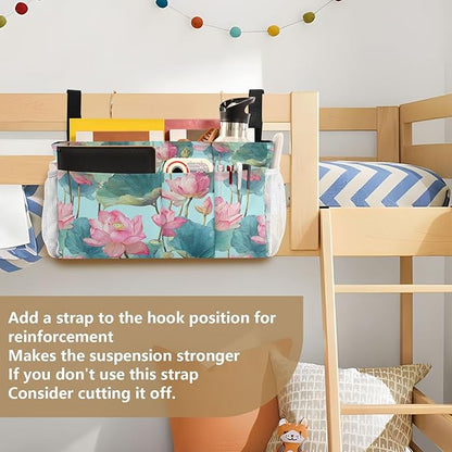 CuwrYet Bedside Caddy Hanging Bunk Bed Caddy Bed Organizer Hanging Pocket with 2 Hooks Bedside Storage Organizer Pocket Bag Holder Pastel Lotus Leaf Stem Floral