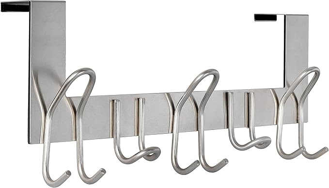 SKOLOO Over The Door Hooks - for Doors up to 1-3/4'' Thickness, Pack of 2, Metal Door Hanger with 11 Hooks, Over The Door Hanger for Coats, Hats, Towels, Silver