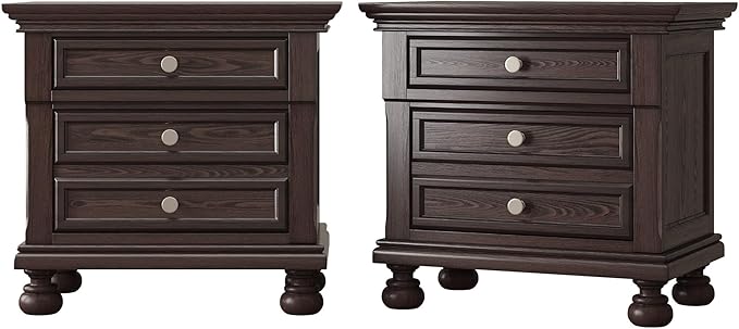 AMERLIFE Fully Assembled Nightstand Set of 2, Solid Wood End Table with 2 Storage Drawers, 26" Extra Large Traditional Bedside Cabinet for Bedroom, Dark Brown