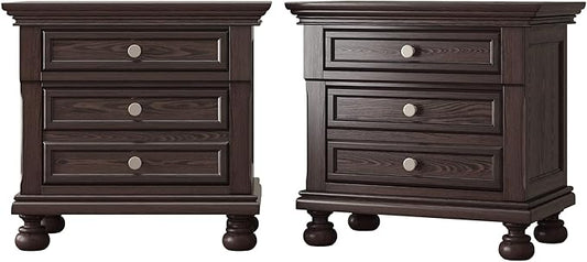 AMERLIFE Fully Assembled Nightstand Set of 2, Solid Wood End Table with 2 Storage Drawers, 26" Extra Large Traditional Bedside Cabinet for Bedroom, Dark Brown