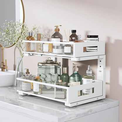 1 Pack 17IN Depth Under Sink Organizer, 2-Tier Pull Out Cabinet Organizer With Smooth Circular Rail, Large Capacity Metal Mesh Sliding Drawers For Bathroom& Kitchen Storage,Height Adjustable –White