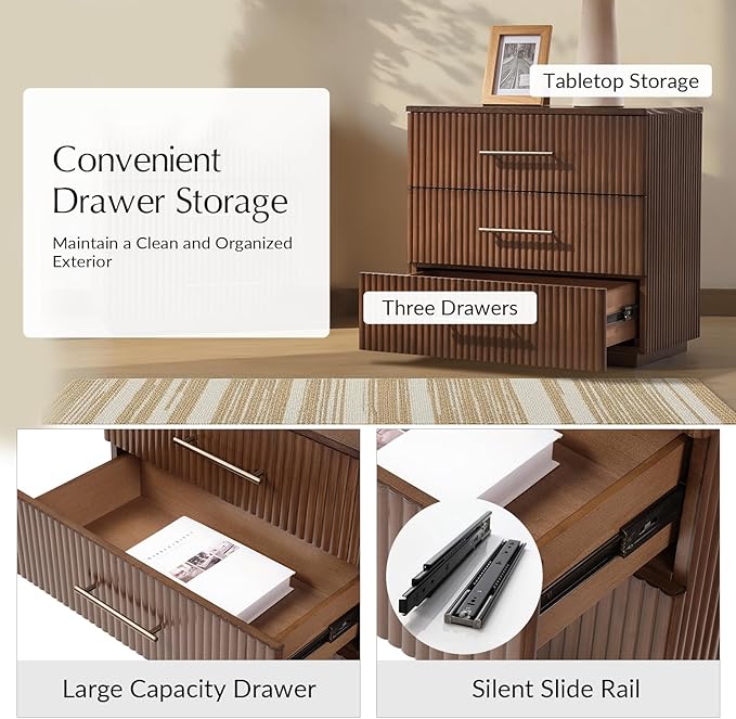 HULALA HOME 26" Fluted Nightstand with 3 Drawers, Modern Solid Wood Night Stand with Charging Station, Bed Side Table with Large Storage, End Table Tall Nightstand, Easy Assembly, Walnut