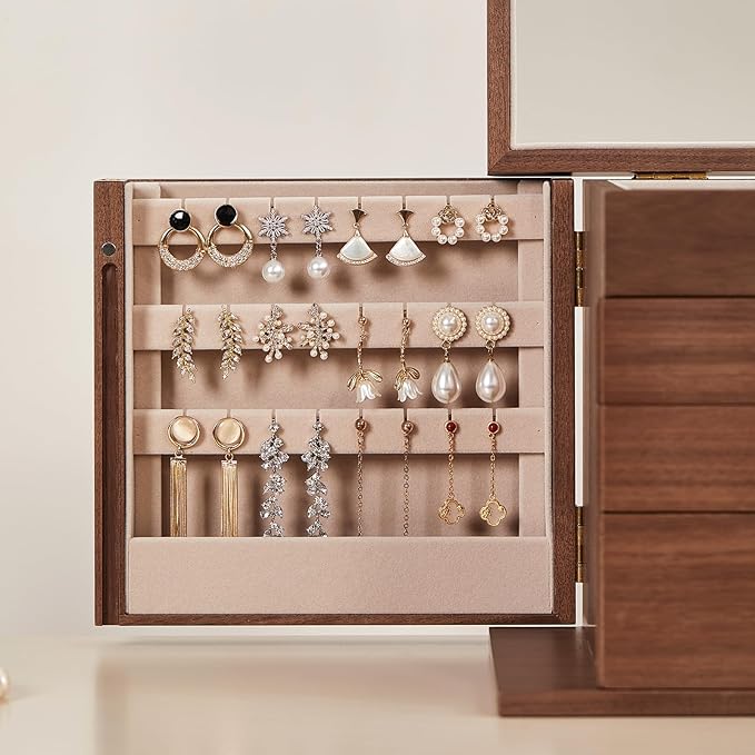 Homruilink Black Walnut Wooden Jewelry Box, Wood Jewelry Organizer with 2 Side Doors Mirror Lockable Classical Style for Watch Necklace Ring Earring Storage Christmas Gifts-4 Layer