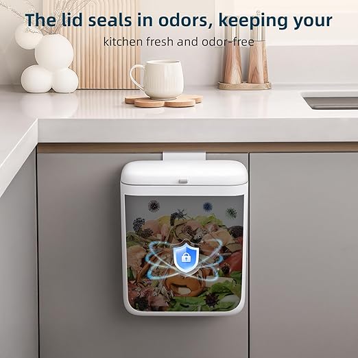 MUEE Hanging Compost Bin for Kitchen Cabinet Door - 2.4 Gal Small Trash Can with Lid, Under-Sink Food Scraps Collector, Slim Odorless Waste Bin for Apartment Essentials & RV - White