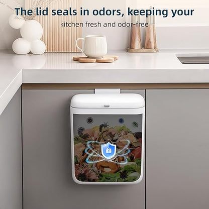 MUEE Hanging Compost Bin for Kitchen Cabinet Door - 2.4 Gal Small Trash Can with Lid, Under-Sink Food Scraps Collector, Slim Odorless Waste Bin for Apartment Essentials & RV - White