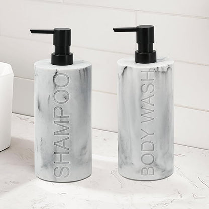 Indecor Home Marble Resin 2 Piece Shampoo and Body Wash Dispenser Set, Luxurious Refillable Pump Bottles with Matte Pump Top and Embossed Text, Durable Design for Bathroom and Shower