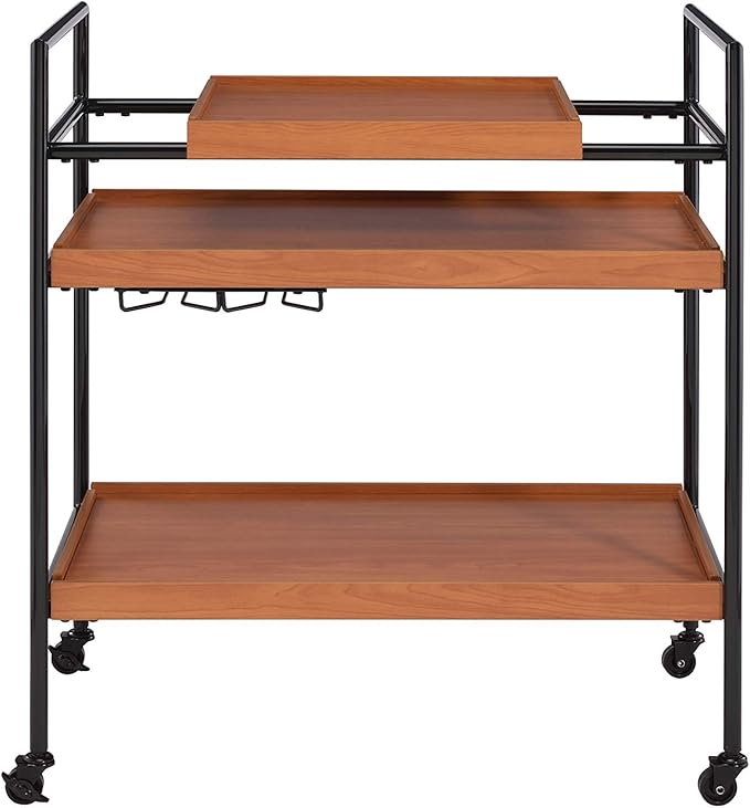3-Tier Rolling Bar Cart, Honey Oak & Black Metal Frame, 29W x 14D x 33H inches