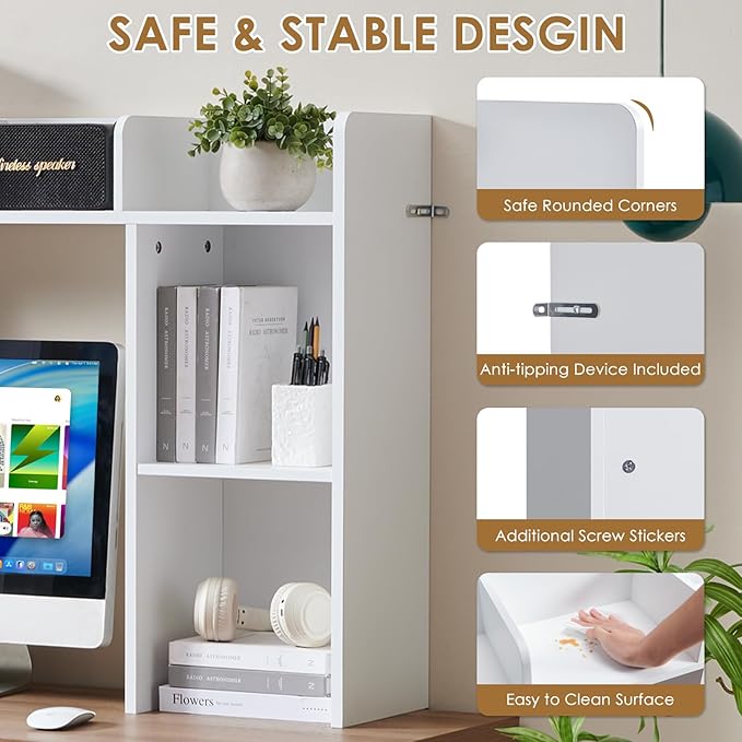 Desktop Bookshelf, Wooden Desk Storage Hutch with 5 Shelves, 3-Tier Desktop Display Organizer Rack for Office Home (White, 5 Shelves A)