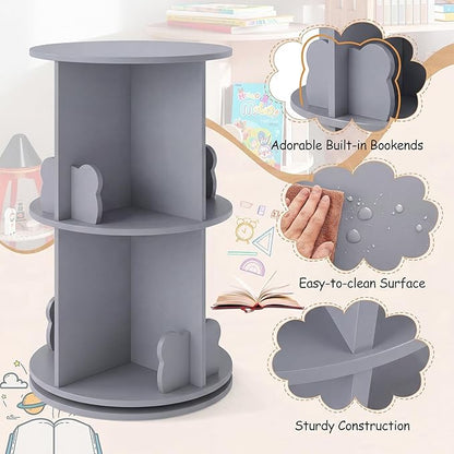 Costzon Kids Rotating Bookshelf, 2 Tier Small Book Shelf with Bookends, 360° Display Spinning Bookshelf Tower, Corner Bookshelf for Small Space, Kids Room, Bedroom, Nursery (Grey)