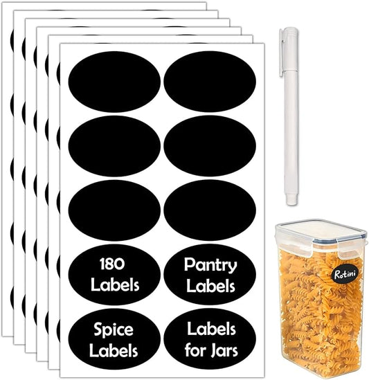 180Pcs Chalkboard Labels for Jars, Waterproof Reusable Blackboard Stickers with 1 Liquid Chalk Markers, Organization Labels Removable (Black, Round)